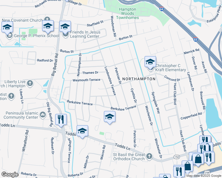 map of restaurants, bars, coffee shops, grocery stores, and more near 51 Londonshire Terrace in Hampton