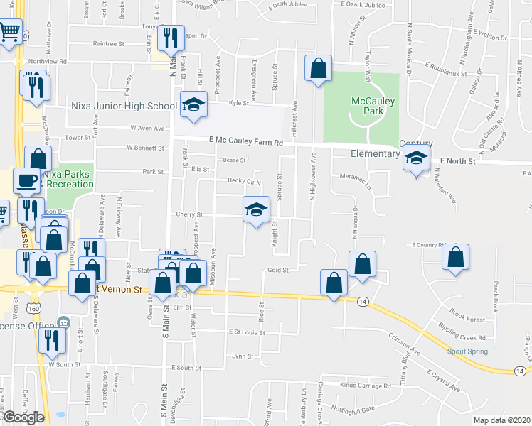 map of restaurants, bars, coffee shops, grocery stores, and more near 402 Becky Circle North in Nixa
