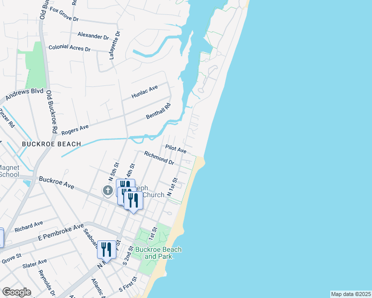 map of restaurants, bars, coffee shops, grocery stores, and more near 392 North 1st Street in Hampton