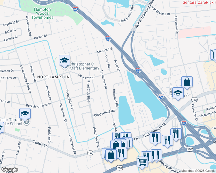 map of restaurants, bars, coffee shops, grocery stores, and more near 121 Bonwood Road in Hampton