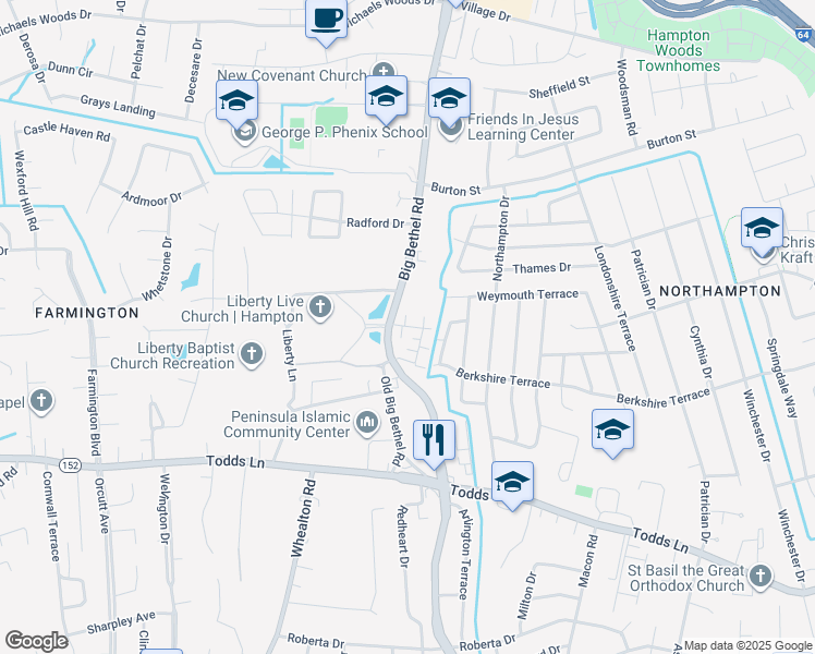 map of restaurants, bars, coffee shops, grocery stores, and more near 1018 Big Bethel Road in Hampton