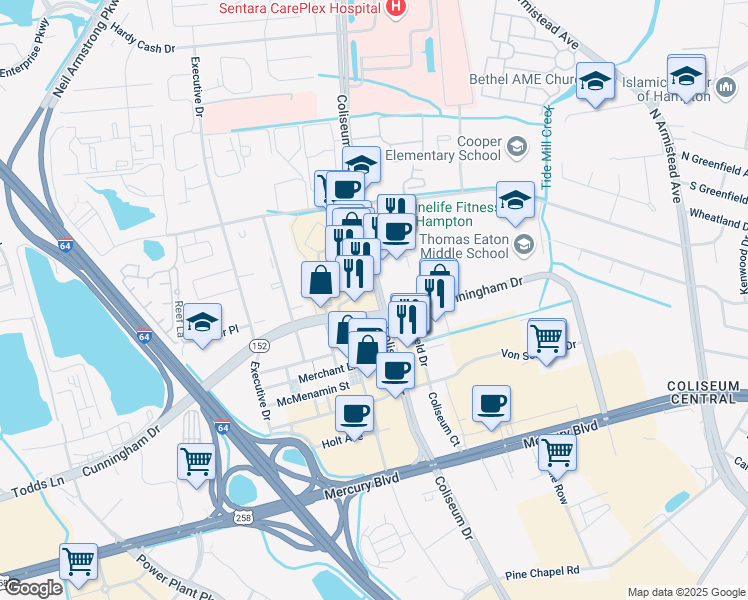 map of restaurants, bars, coffee shops, grocery stores, and more near 2166 Coliseum Drive in Hampton