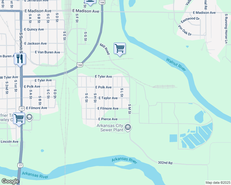 map of restaurants, bars, coffee shops, grocery stores, and more near 1322 South K Street in Arkansas City