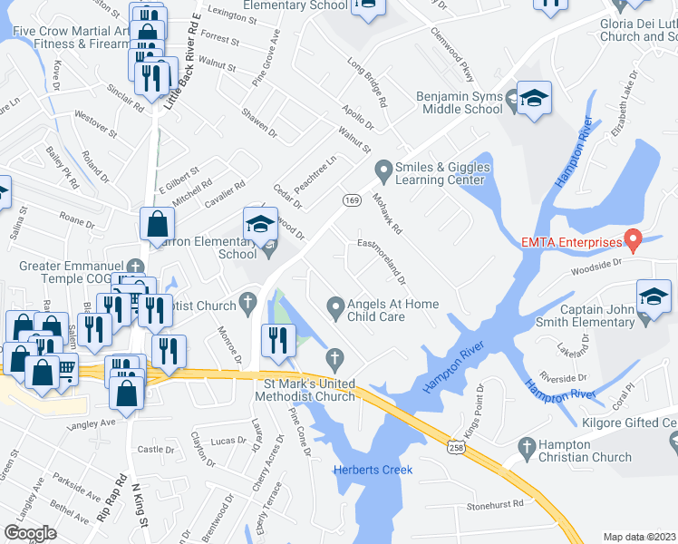 map of restaurants, bars, coffee shops, grocery stores, and more near 20 Westmoreland Drive in Hampton