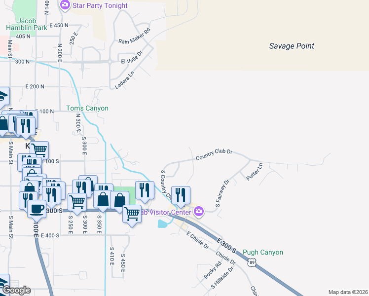map of restaurants, bars, coffee shops, grocery stores, and more near 52 Pinion Rim in Kanab
