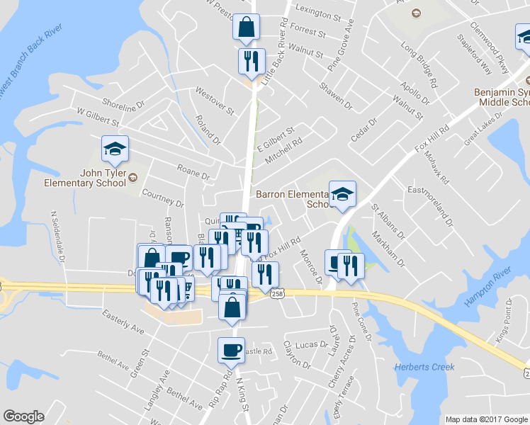 map of restaurants, bars, coffee shops, grocery stores, and more near 916 Jonquil Lane in Hampton