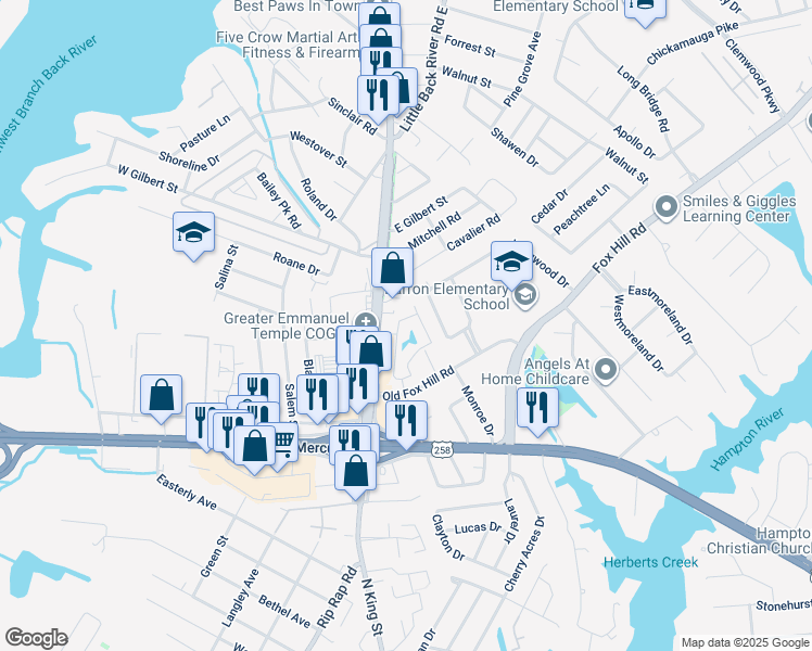 map of restaurants, bars, coffee shops, grocery stores, and more near 916 Jonquil Lane in Hampton