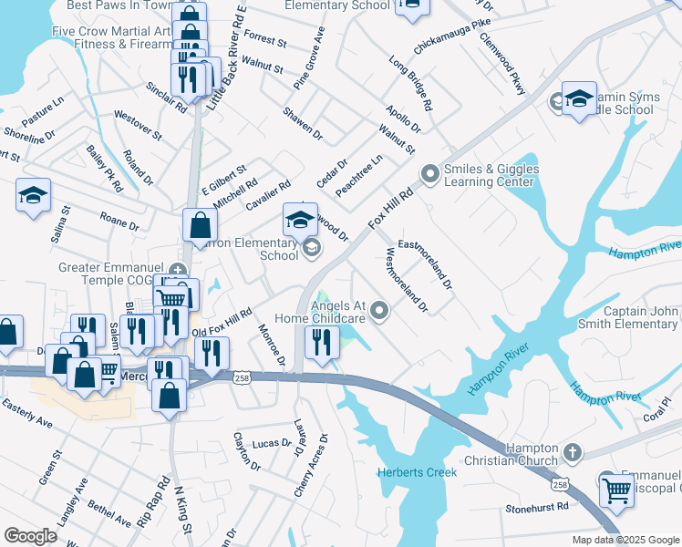 map of restaurants, bars, coffee shops, grocery stores, and more near 4 Rhonda Circle in Hampton