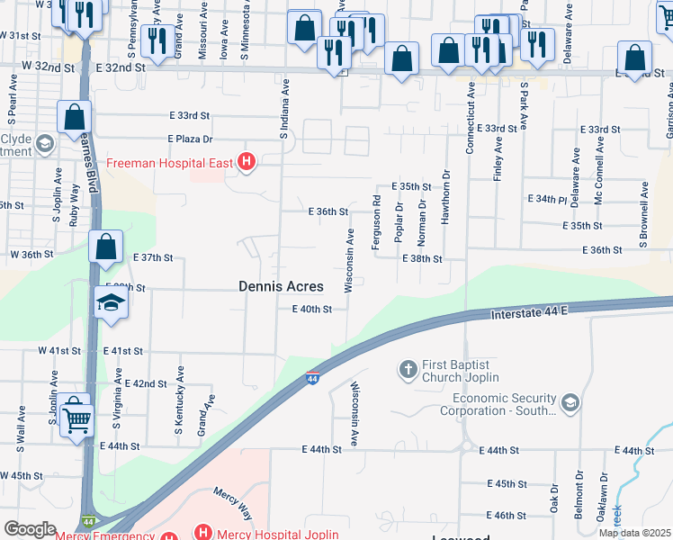 map of restaurants, bars, coffee shops, grocery stores, and more near 3802 Wisconsin Avenue in Joplin