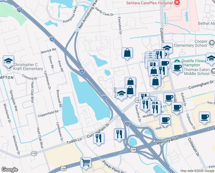 map of restaurants, bars, coffee shops, grocery stores, and more near 5100 Delta Place in Hampton
