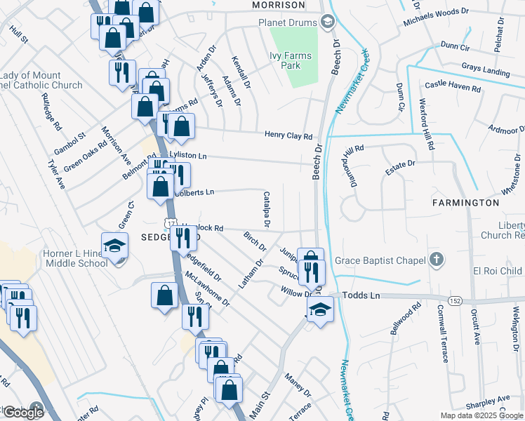 map of restaurants, bars, coffee shops, grocery stores, and more near 623 Hemlock Road in Newport News