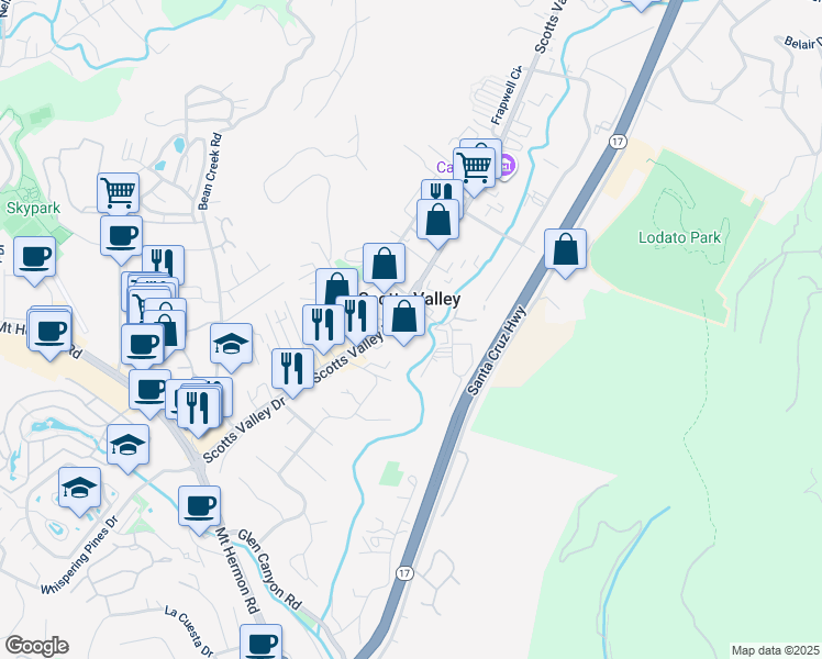 map of restaurants, bars, coffee shops, grocery stores, and more near 4550 Scotts Valley Drive in Scotts Valley