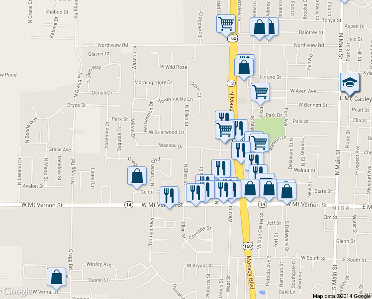map of restaurants, bars, coffee shops, grocery stores, and more near 309 North Ellen Street in Nixa