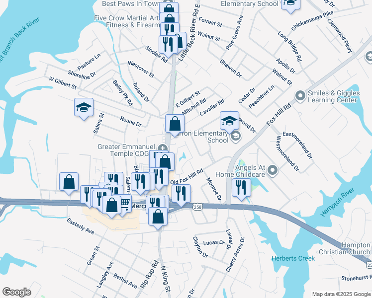 map of restaurants, bars, coffee shops, grocery stores, and more near 932 Jonquil Lane in Hampton