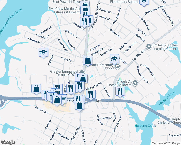 map of restaurants, bars, coffee shops, grocery stores, and more near 936 Jonquil Lane in Hampton