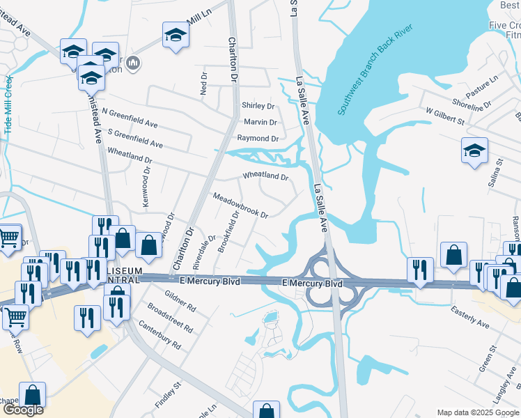 map of restaurants, bars, coffee shops, grocery stores, and more near 38 Hodges Drive in Hampton