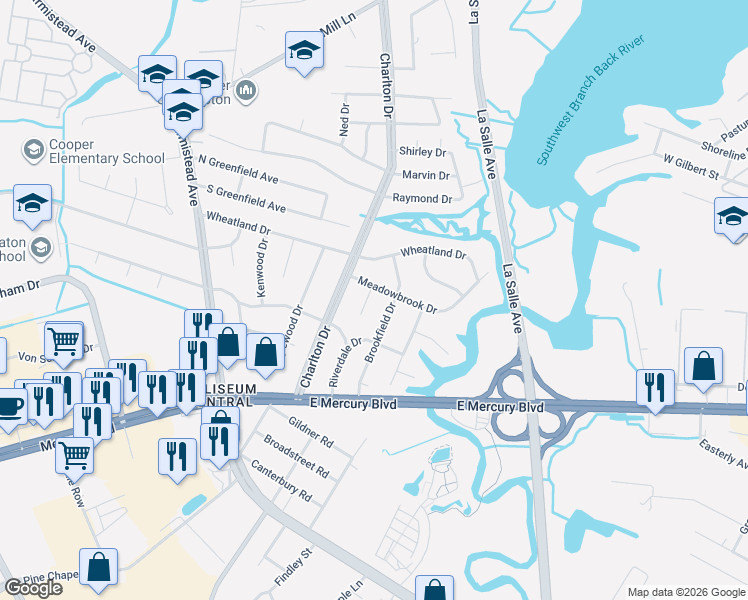 map of restaurants, bars, coffee shops, grocery stores, and more near 8 Commander Drive in Hampton