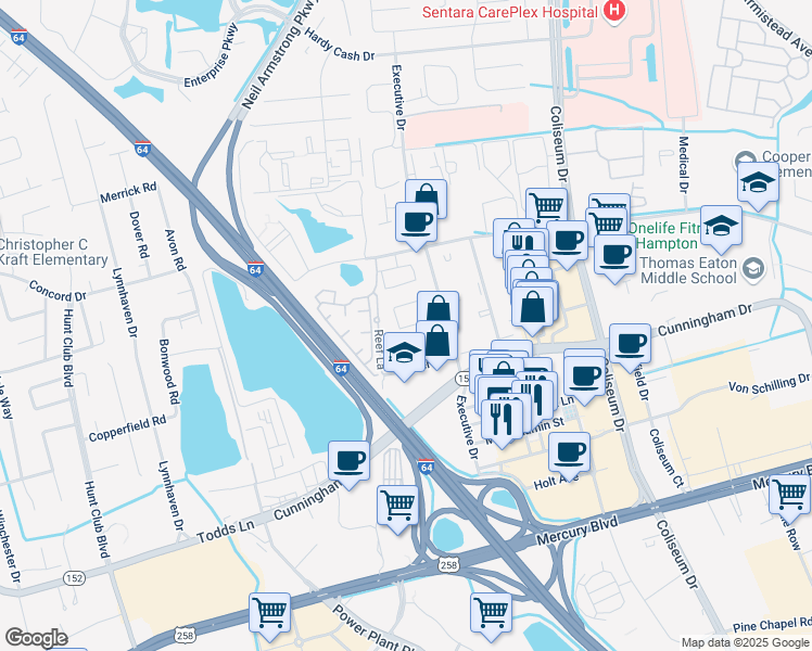 map of restaurants, bars, coffee shops, grocery stores, and more near 2101 Executive Drive in Hampton