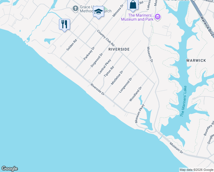 map of restaurants, bars, coffee shops, grocery stores, and more near 110 Mistletoe Drive in Newport News