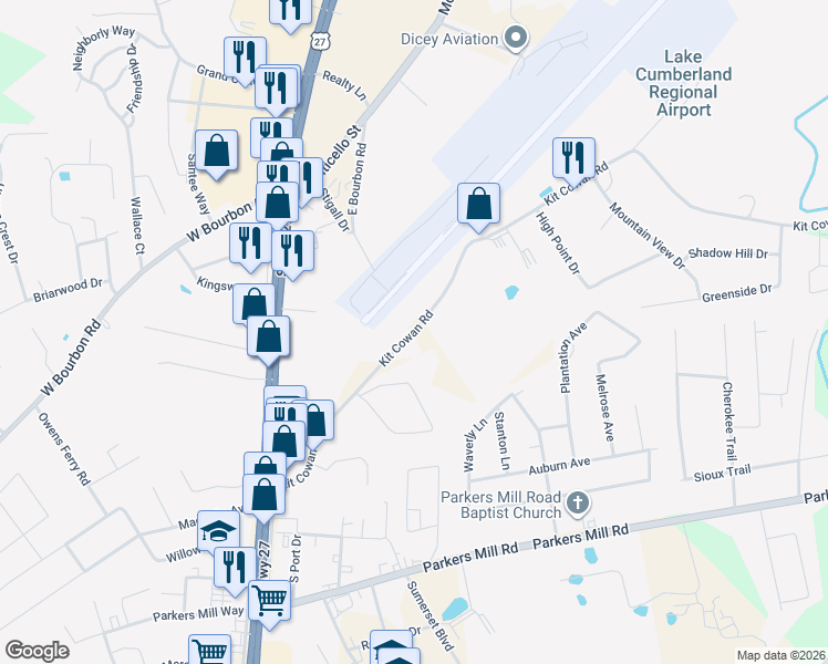 map of restaurants, bars, coffee shops, grocery stores, and more near 1001 Kit Cowan Road in Somerset