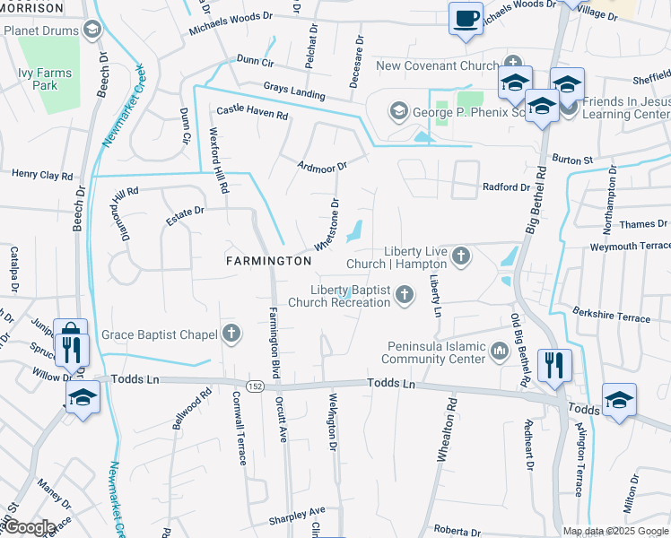 map of restaurants, bars, coffee shops, grocery stores, and more near 12 Ridge Lake Drive in Hampton