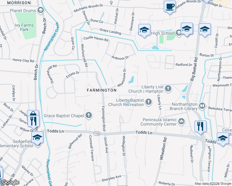 map of restaurants, bars, coffee shops, grocery stores, and more near 20 Ridge Lake Drive in Hampton