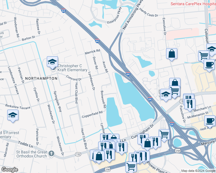 map of restaurants, bars, coffee shops, grocery stores, and more near 1811 Lake View Drive in Hampton