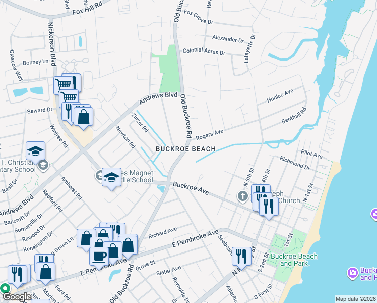 map of restaurants, bars, coffee shops, grocery stores, and more near 1627 Old Buckroe Road in Hampton