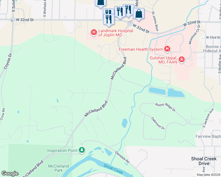 map of restaurants, bars, coffee shops, grocery stores, and more near 5815 North Ridge Road in Joplin