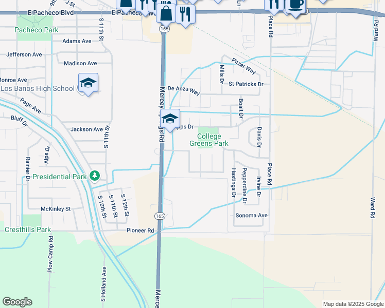 map of restaurants, bars, coffee shops, grocery stores, and more near 2037 Stanford Court in Los Banos