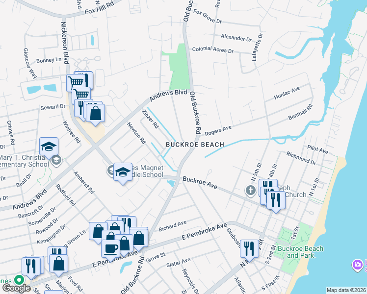 map of restaurants, bars, coffee shops, grocery stores, and more near 1627 Old Buckroe Road in Hampton