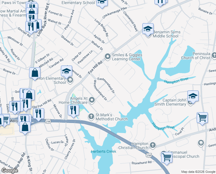 map of restaurants, bars, coffee shops, grocery stores, and more near 8 Surry Court in Hampton