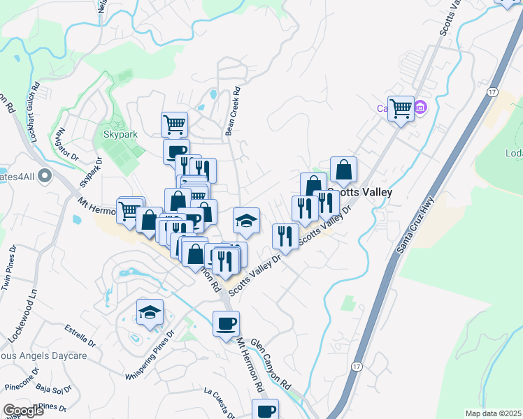 map of restaurants, bars, coffee shops, grocery stores, and more near 146 Bean Creek Road in Scotts Valley