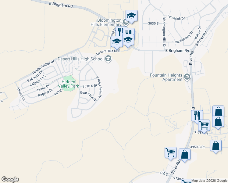 map of restaurants, bars, coffee shops, grocery stores, and more near 840 East 3540 South in St. George