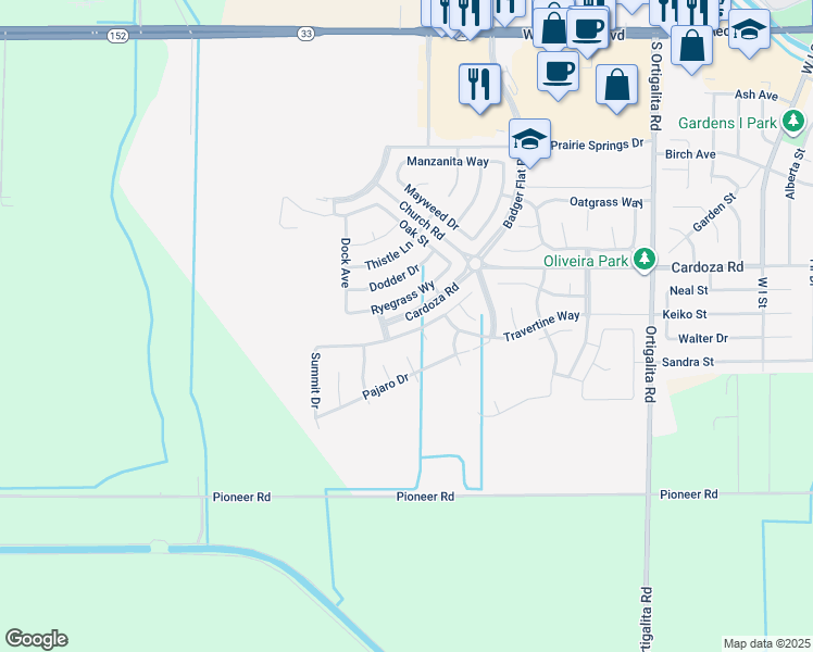map of restaurants, bars, coffee shops, grocery stores, and more near 1656 Dolomite Drive in Los Banos
