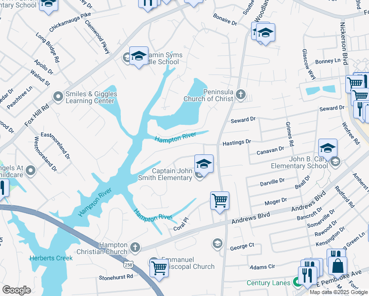 map of restaurants, bars, coffee shops, grocery stores, and more near 315 Beechmount Drive in Hampton