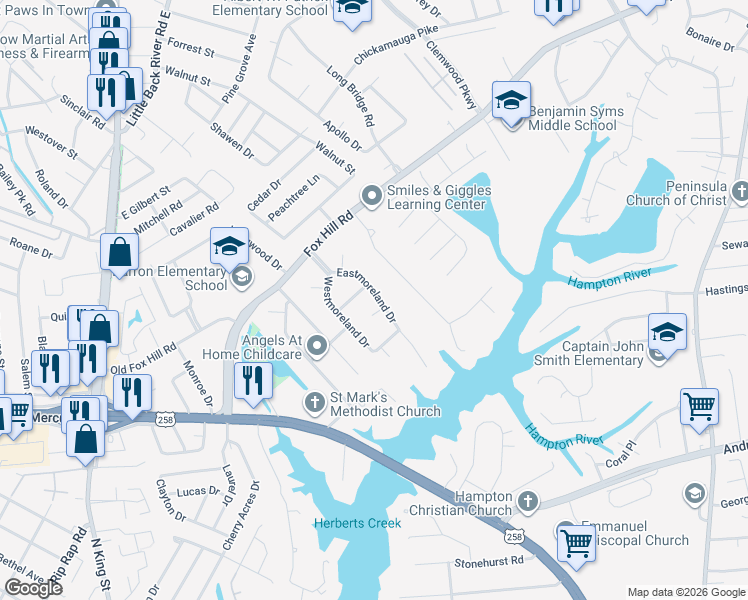 map of restaurants, bars, coffee shops, grocery stores, and more near 8 Surry Court in Hampton