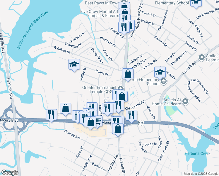 map of restaurants, bars, coffee shops, grocery stores, and more near 15 Quinn Street in Hampton