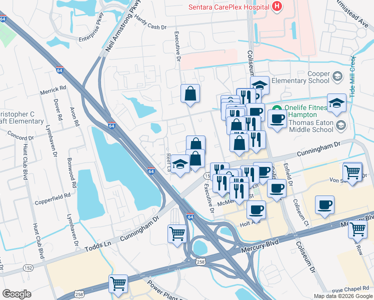 map of restaurants, bars, coffee shops, grocery stores, and more near 2101 Executive Drive in Hampton