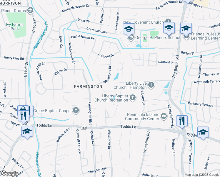 map of restaurants, bars, coffee shops, grocery stores, and more near 12 Ridge Lake Drive in Hampton