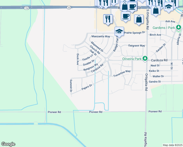 map of restaurants, bars, coffee shops, grocery stores, and more near 1656 Dolomite Drive in Los Banos