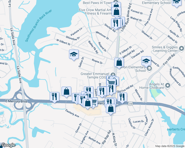 map of restaurants, bars, coffee shops, grocery stores, and more near 45 Salem Street in Hampton