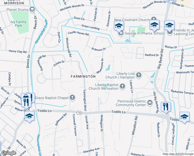 map of restaurants, bars, coffee shops, grocery stores, and more near 18 Ridge Lake Drive in Hampton