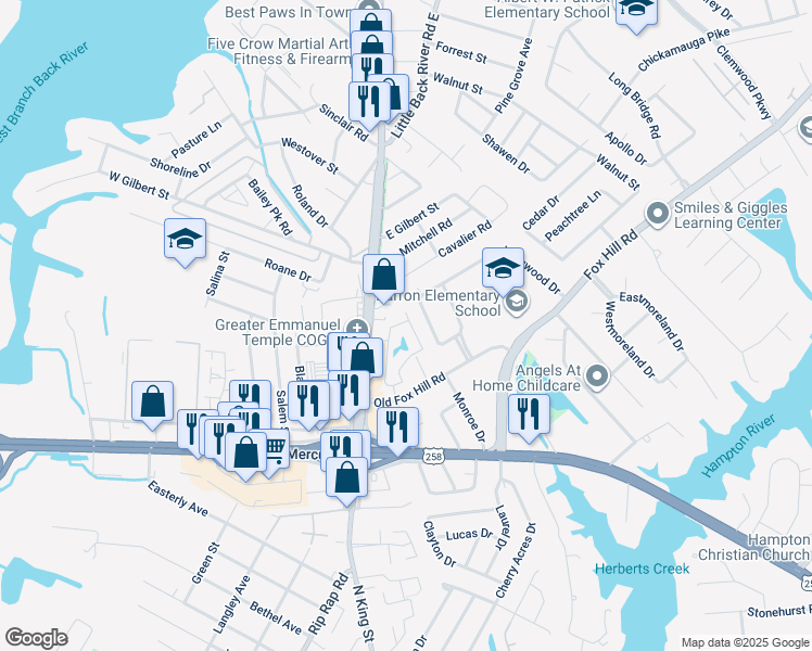 map of restaurants, bars, coffee shops, grocery stores, and more near 931 Jonquil Lane in Hampton