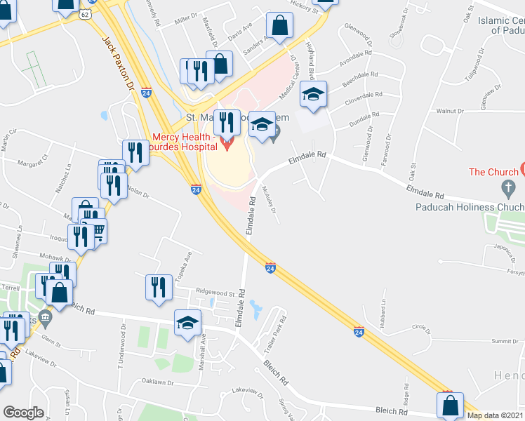map of restaurants, bars, coffee shops, grocery stores, and more near 631 McAuley Drive in Paducah
