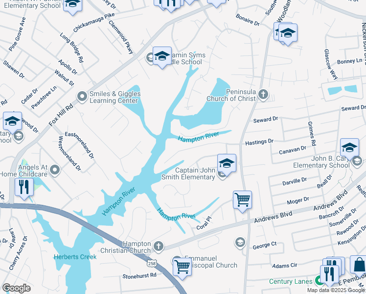 map of restaurants, bars, coffee shops, grocery stores, and more near 315 Woodside Drive in Hampton