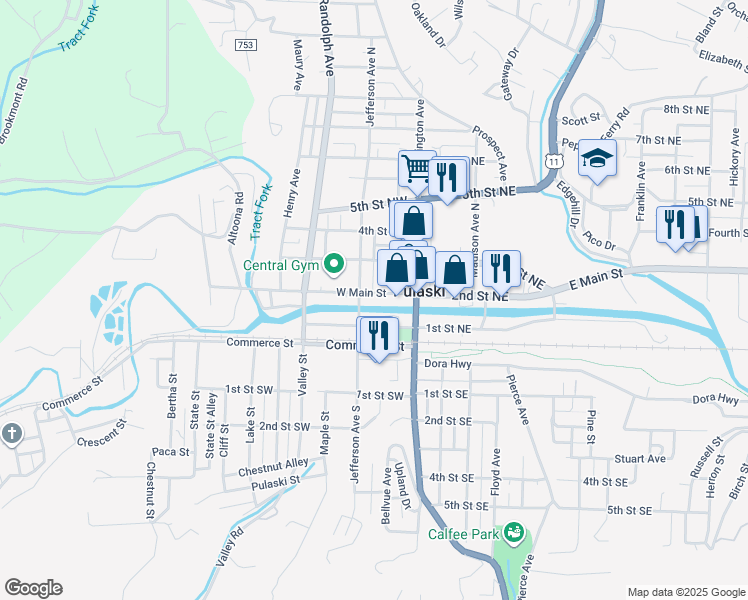 map of restaurants, bars, coffee shops, grocery stores, and more near 101-141 Jefferson Ave N in Pulaski