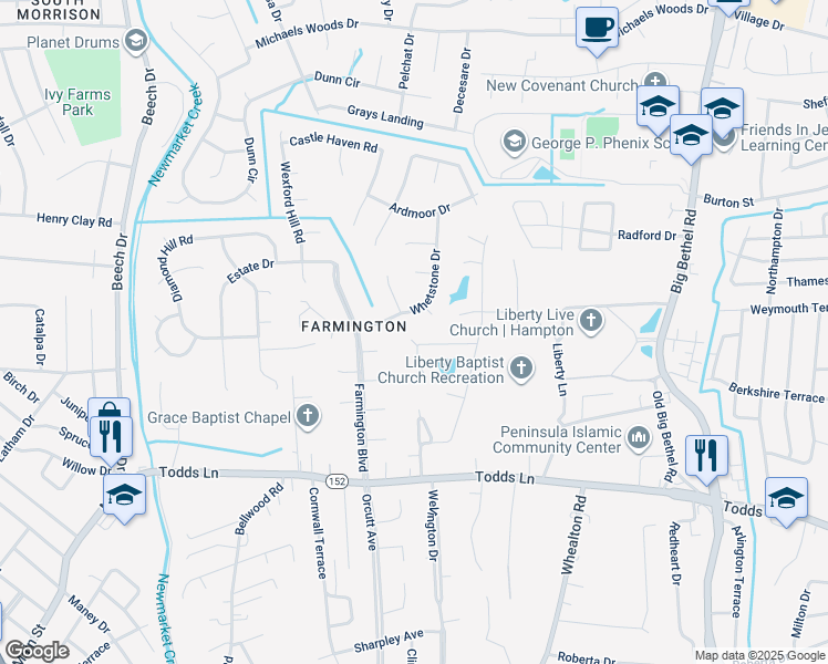 map of restaurants, bars, coffee shops, grocery stores, and more near 18 Ridge Lake Drive in Hampton