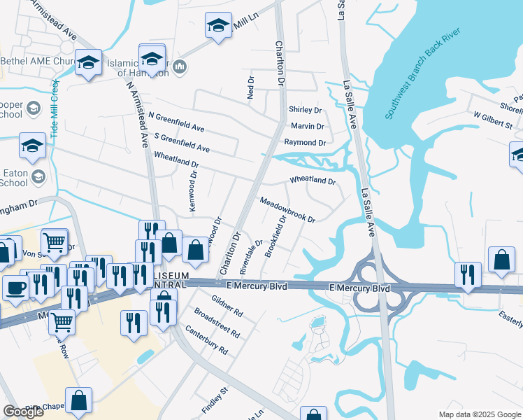 map of restaurants, bars, coffee shops, grocery stores, and more near 8 Commander Drive in Hampton