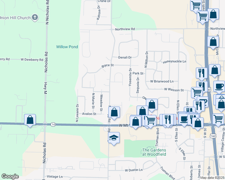 map of restaurants, bars, coffee shops, grocery stores, and more near 404 North Gregg Road in Nixa